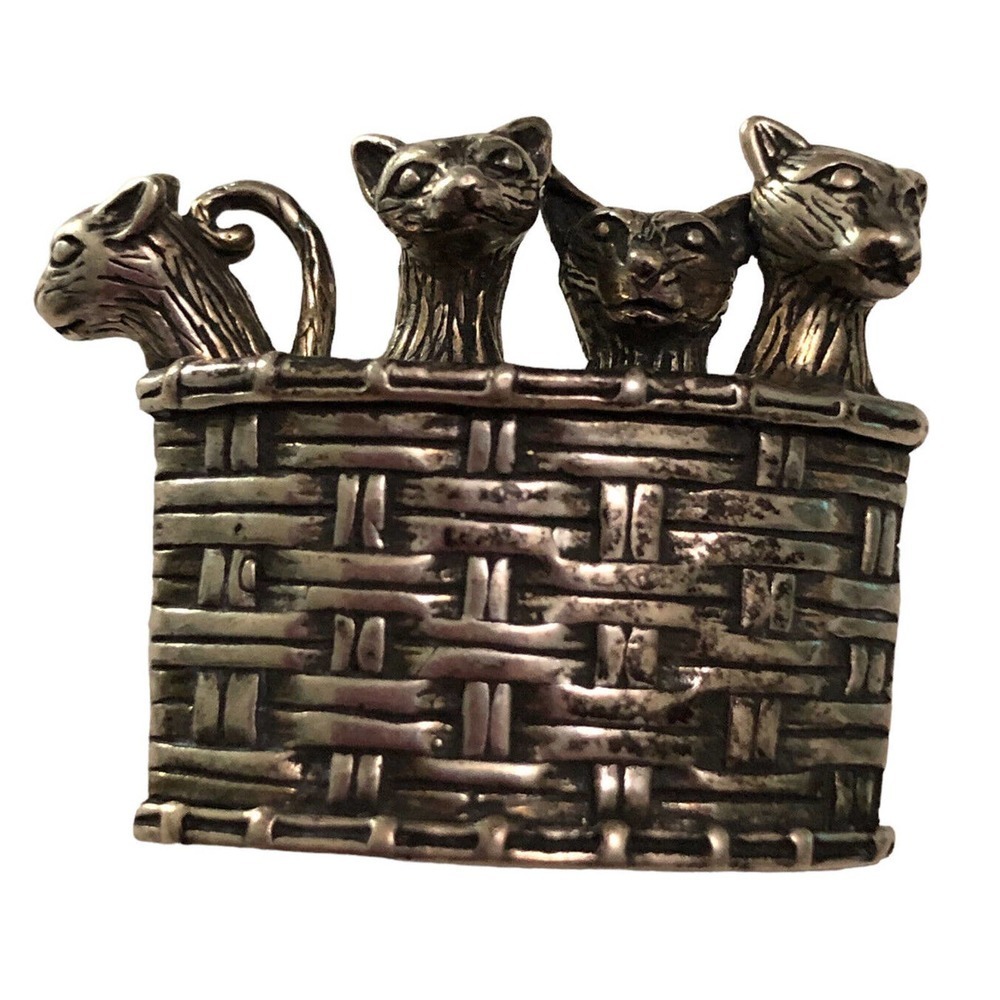 Vintage Sterling Silver 925 Jezlaine Four Cats/Kittens in a Basket Brooch Pin